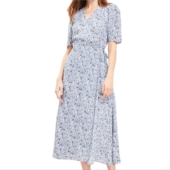 Loft Floral Blue White Midi Jungle Jacquard‎ Wrap Midi Dress Size 6 Small New - Picture 1 of 11